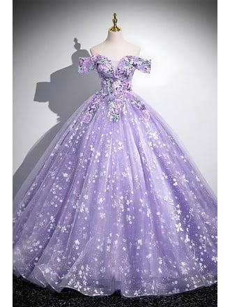 Graceful Purple Princess Wedding Dress With White Flowers - Off Shoulder Design