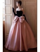 Pastel Pink Ball Gown Wedding Dress With Black Bodice & Statement Bow