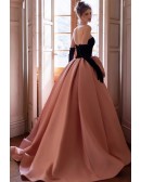 Pastel Pink Ball Gown Wedding Dress With Black Bodice & Statement Bow