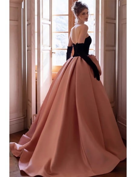 Pastel Pink Ball Gown Wedding Dress With Black Bodice & Statement Bow