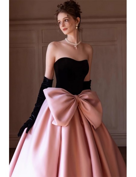Pastel Pink Ball Gown Wedding Dress With Black Bodice & Statement Bow