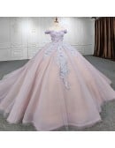 Pastel Pink Off-the-shoulder Bridal Gown With Glitter & Multi-color Lace Detail