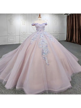 Pastel Pink Off-the-shoulder Bridal Gown With Glitter & Multi-color Lace Detail