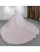 Pastel Pink Off-the-shoulder Bridal Gown With Glitter & Multi-color Lace Detail