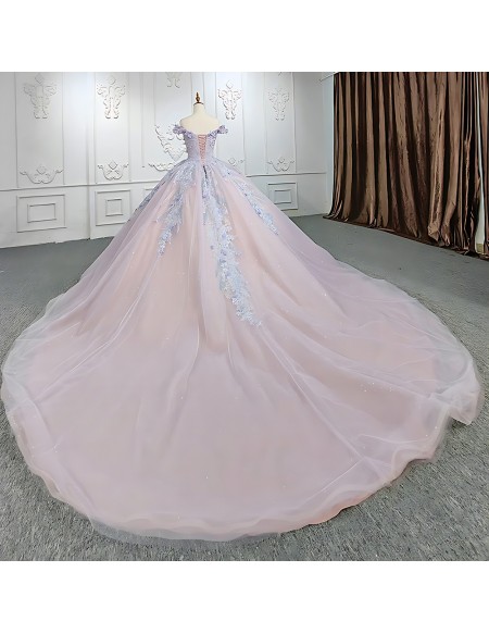 Pastel Pink Off-the-shoulder Bridal Gown With Glitter & Multi-color Lace Detail