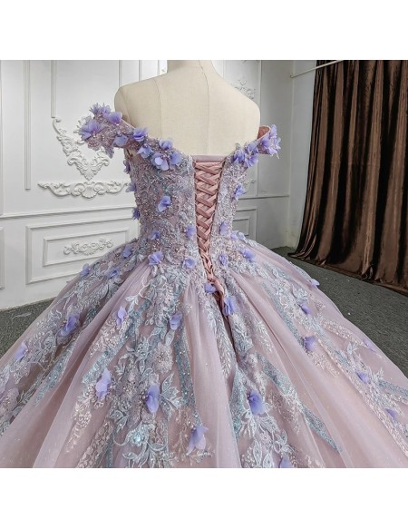 Pastel Pink Off-the-shoulder Bridal Gown With Glitter & Multi-color Lace Detail