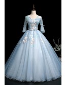 Pale Blue Ballgown Wedding Dress With Sheer Sleeves & Floral Details