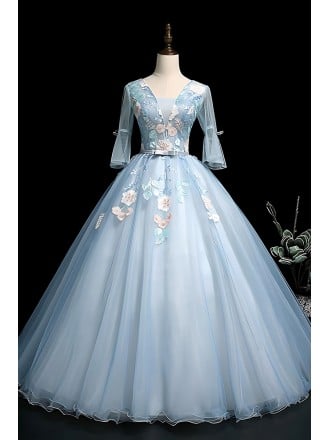 Pale Blue Ballgown Wedding Dress With Sheer Sleeves & Floral Details