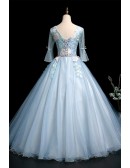 Pale Blue Ballgown Wedding Dress With Sheer Sleeves & Floral Details