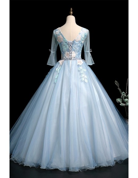 Pale Blue Ballgown Wedding Dress With Sheer Sleeves & Floral Details