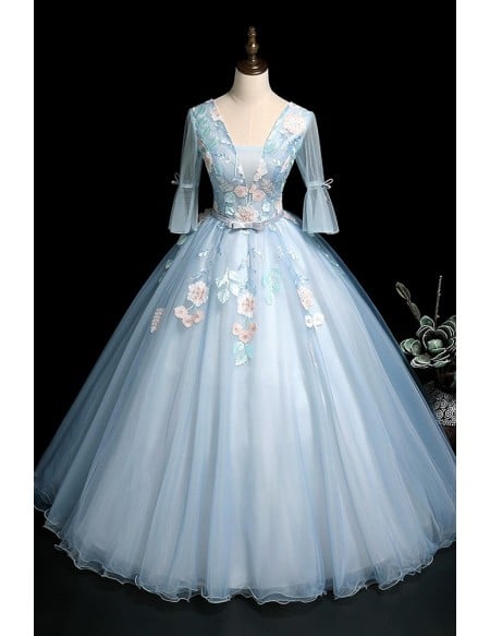 Pale Blue Ballgown Wedding Dress With Sheer Sleeves & Floral Details
