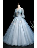 Pale Blue Ballgown Wedding Dress With Sheer Sleeves & Floral Details