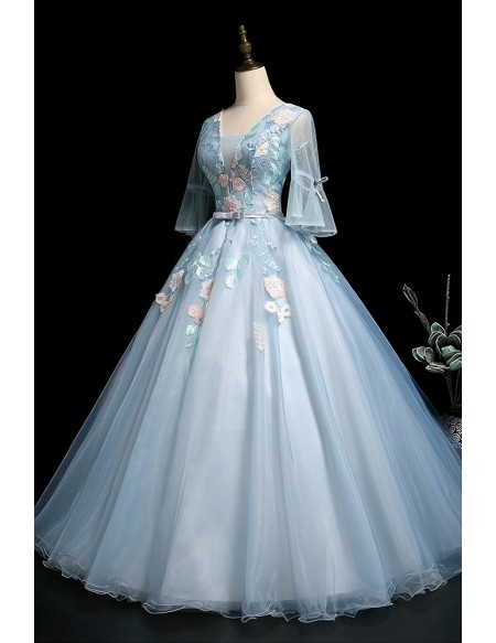 Pale Blue Ballgown Wedding Dress With Sheer Sleeves & Floral Details