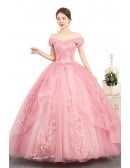 Off Shoulder Light Pink Ball Gown Wedding Dress With Lace & Tulle