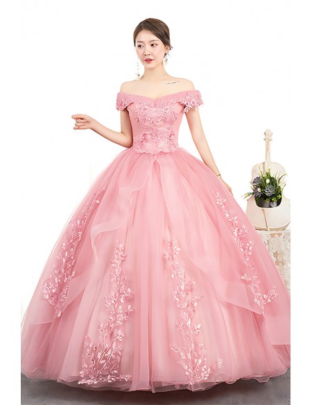 Off Shoulder Light Pink Ball Gown Wedding Dress With Lace & Tulle