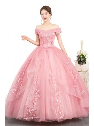 Off Shoulder Light Pink Ball Gown Wedding Dress With Lace & Tulle