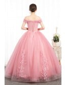 Off Shoulder Light Pink Ball Gown Wedding Dress With Lace & Tulle