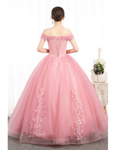 Off Shoulder Light Pink Ball Gown Wedding Dress With Lace & Tulle