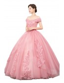 Off Shoulder Light Pink Ball Gown Wedding Dress With Lace & Tulle