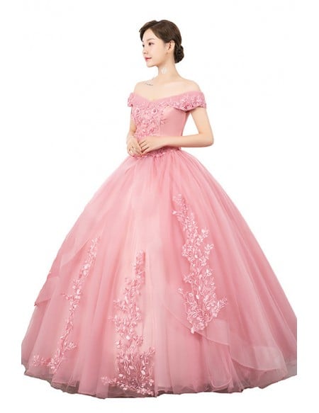 Off Shoulder Light Pink Ball Gown Wedding Dress With Lace & Tulle