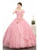 Off Shoulder Light Pink Ball Gown Wedding Dress With Lace & Tulle