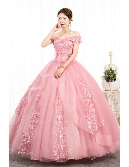 Off Shoulder Light Pink Ball Gown Wedding Dress With Lace & Tulle