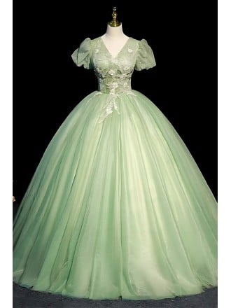 Sage Green Bridal Gown | Delicate Lace Puff Sleeve Wedding Dress
