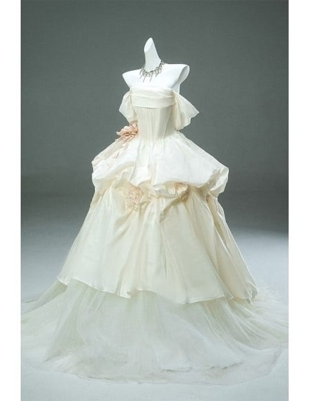 Elegant Champagne Colored Wedding Dress | Vintage Inspired Off-shoulder Corset Gown