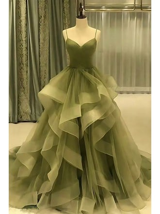 Elegant Sage Green Ruffled Tulle Wedding Dress - Sweetheart Neckline Ball Gown