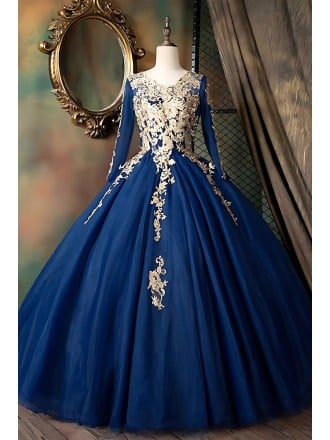Royal Blue & Gold Embroidered Ball Gown Wedding Dress With Long Sleeves
