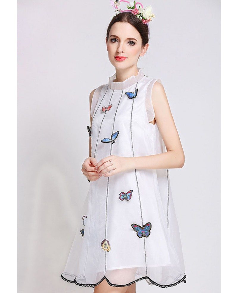 Sleeveless White Organza Butterfly Embroidered Shift Dress -GemGrace