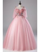 Light Pink Ball Gown Wedding Dress With Off-shoulder Sleeves & Floral Appliques