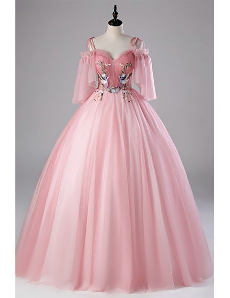 Light Pink Ball Gown Wedding Dress With Off-shoulder Sleeves & Floral Appliques