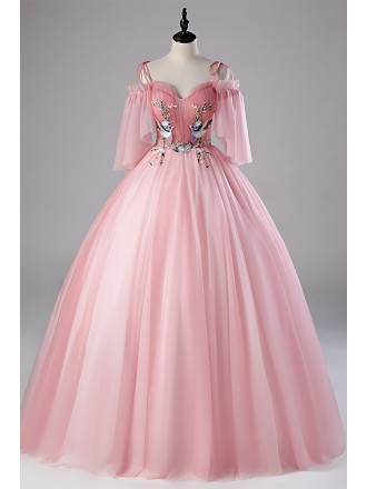 Light Pink Ball Gown Wedding Dress With Off-shoulder Sleeves & Floral Appliques