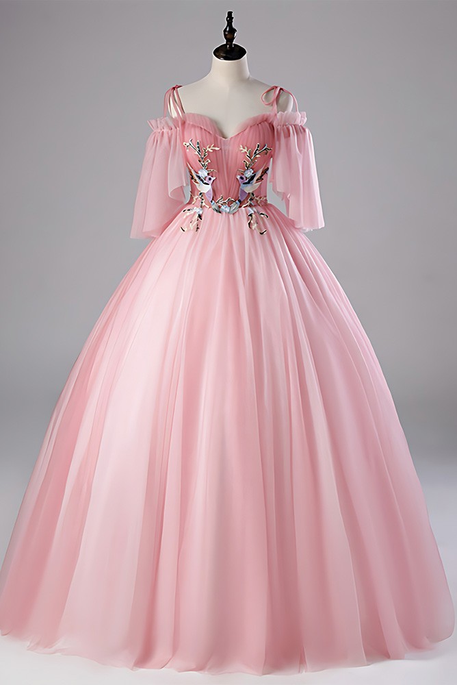 Light Pink Ball Gown Wedding Dress With Off-shoulder Sleeves & Floral  Appliques CWQ012 - GemGrace.com