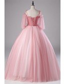 Light Pink Ball Gown Wedding Dress With Off-shoulder Sleeves & Floral Appliques