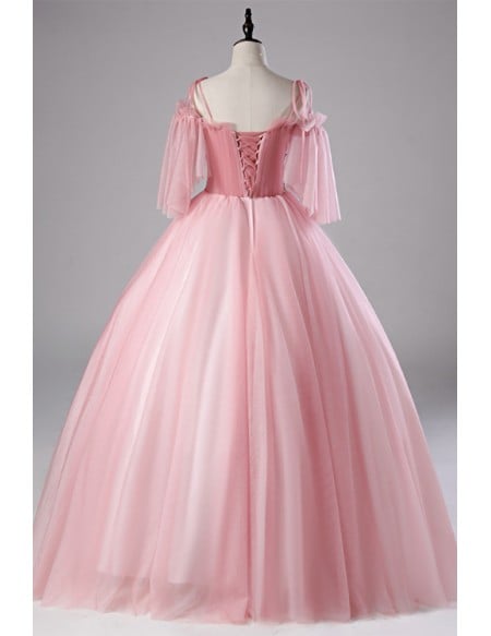 Light Pink Ball Gown Wedding Dress With Off-shoulder Sleeves & Floral Appliques