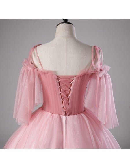 Light Pink Ball Gown Wedding Dress With Off-shoulder Sleeves & Floral Appliques