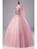 Light Pink Ball Gown Wedding Dress With Off-shoulder Sleeves & Floral Appliques