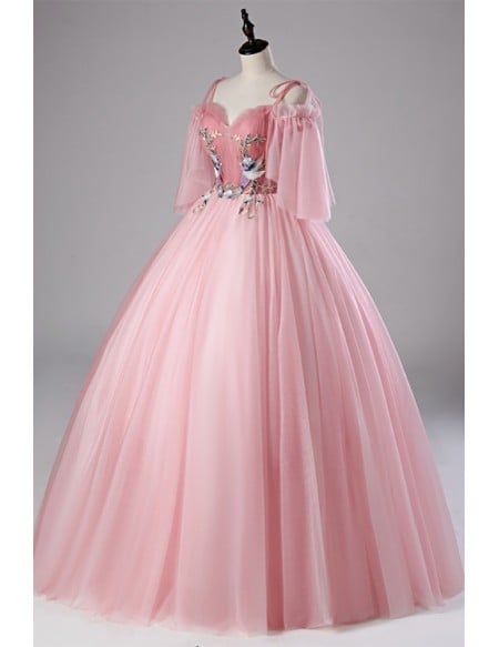 Light Pink Ball Gown Wedding Dress With Off-shoulder Sleeves & Floral Appliques