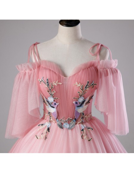 Light Pink Ball Gown Wedding Dress With Off-shoulder Sleeves & Floral Appliques