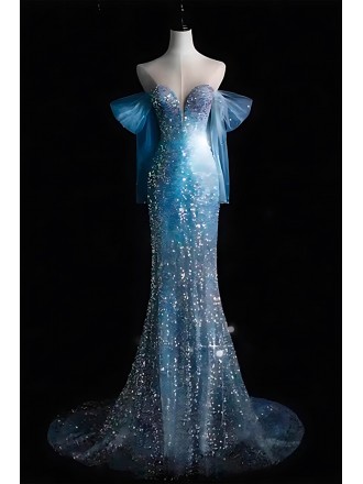 Elegant Ice Blue Sparkle Bridal Gown - Off-shoulder Mermaid Wedding Dress