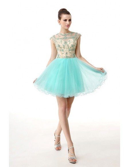 A-Line Scoop Neck Short Tulle Prom Dress With Beading Appliquer Lace