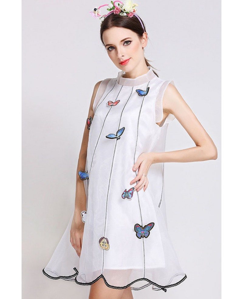 Sleeveless White Organza Butterfly Embroidered Shift Dress -GemGrace Sleeveless White Organza Butterfly Embroidered Shift Dress -GemGrace