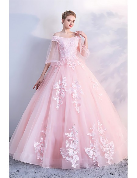 Soft Pink Princess Wedding Dress - Long Ball Gown With Sheer Sleeves And Floral Lace Detail