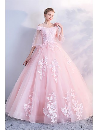 Soft Pink Princess Wedding Dress - Long Ball Gown With Sheer Sleeves And Floral Lace Detail