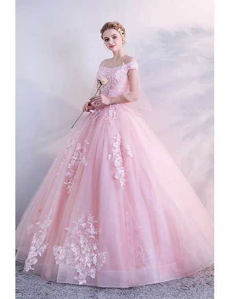 Soft Pink Princess Wedding Dress - Long Ball Gown With Sheer Sleeves And Floral Lace Detail