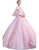 Soft Pink Princess Wedding Dress - Long Ball Gown With Sheer Sleeves And Floral Lace Detail