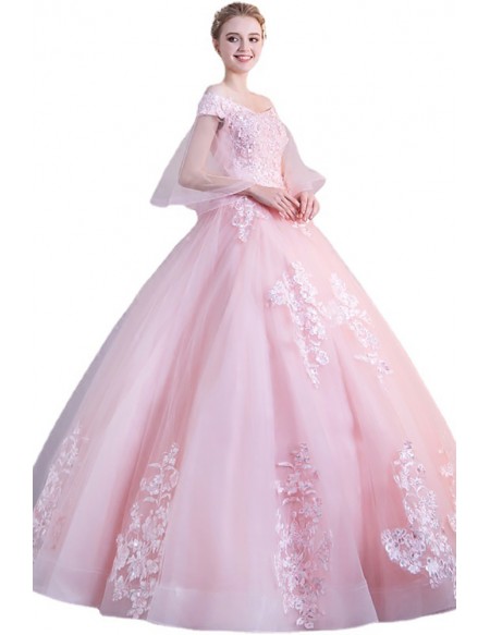 Soft Pink Princess Wedding Dress - Long Ball Gown With Sheer Sleeves And Floral Lace Detail