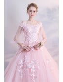 Soft Pink Princess Wedding Dress - Long Ball Gown With Sheer Sleeves And Floral Lace Detail